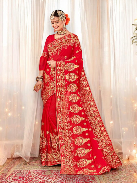 Red Georgette Heavy Embroidery Work Saree- Traditional Clothing for Women - Saree Ghor Charlotte