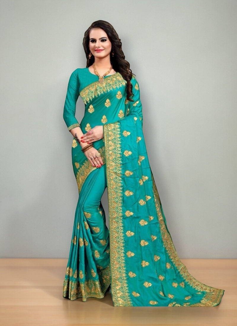 Sky Blue Satin Silk Traditional Saree with Stone Work - Saree Ghor Charlotte