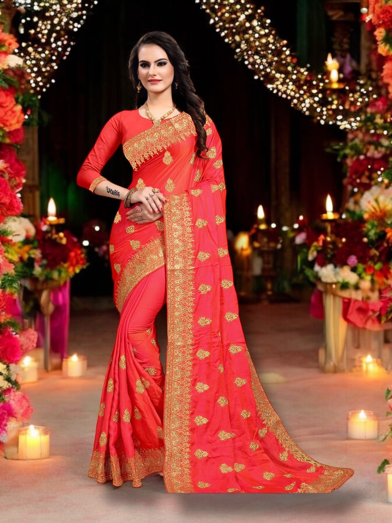 Sparkling Splendor: Pink Satin Silk Saree with Stone Work - Saree Ghor Charlotte