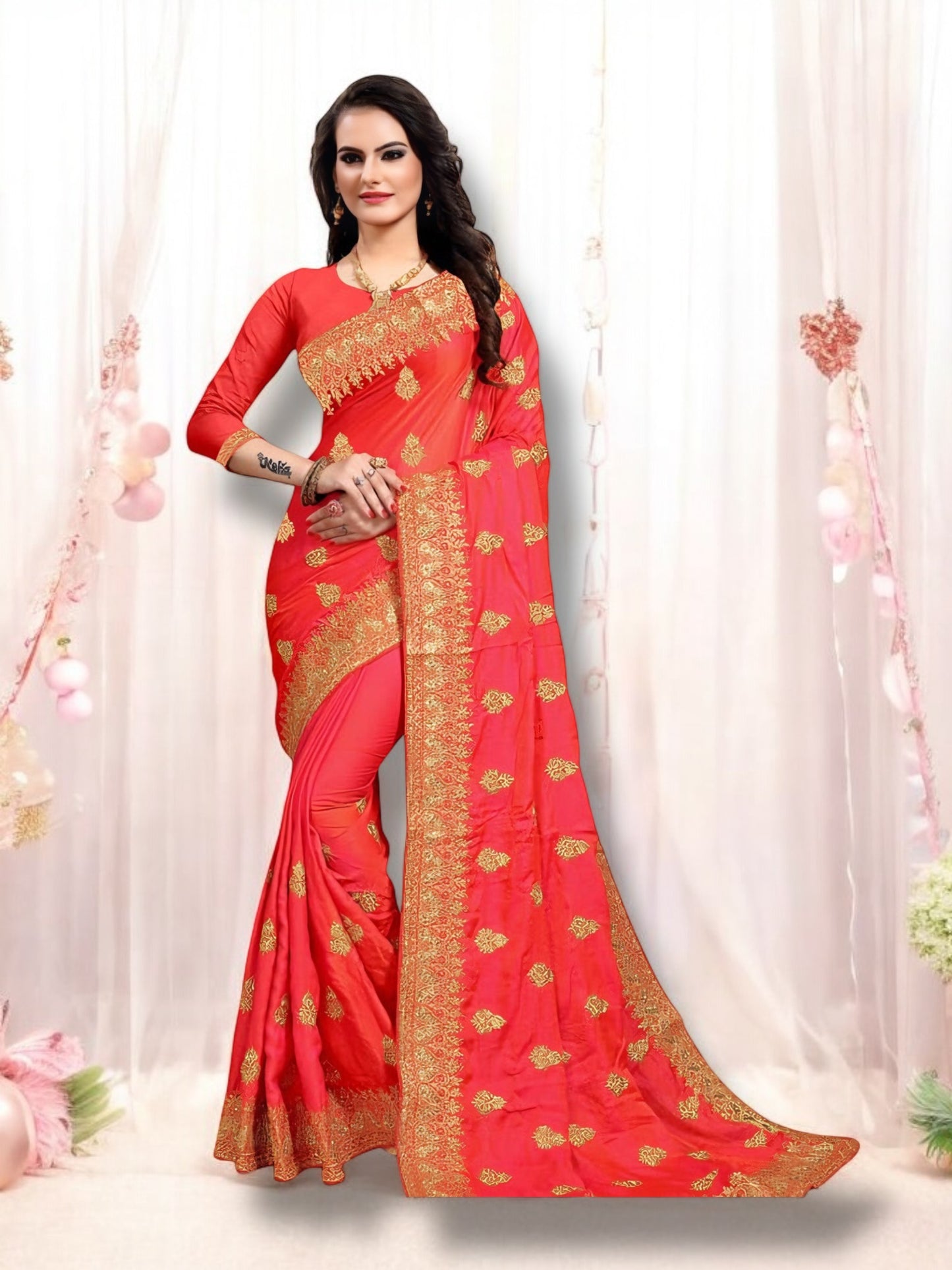 Sparkling Splendor: Pink Satin Silk Saree with Stone Work - Saree Ghor Charlotte