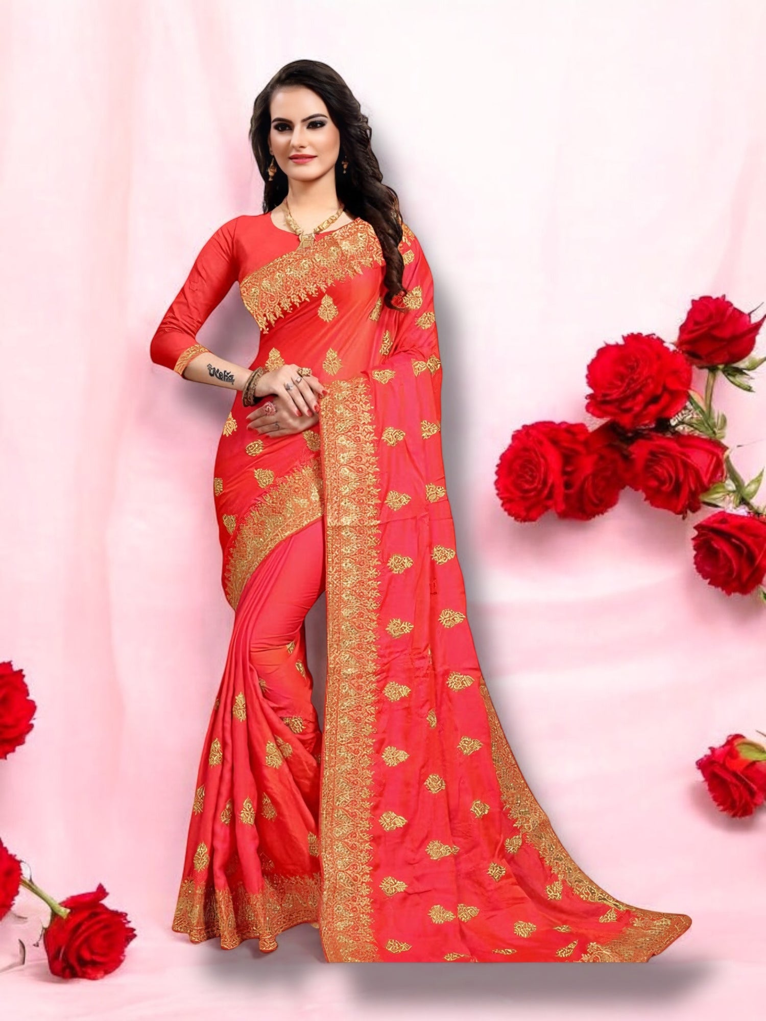 Sparkling Splendor: Pink Satin Silk Saree with Stone Work - Saree Ghor Charlotte