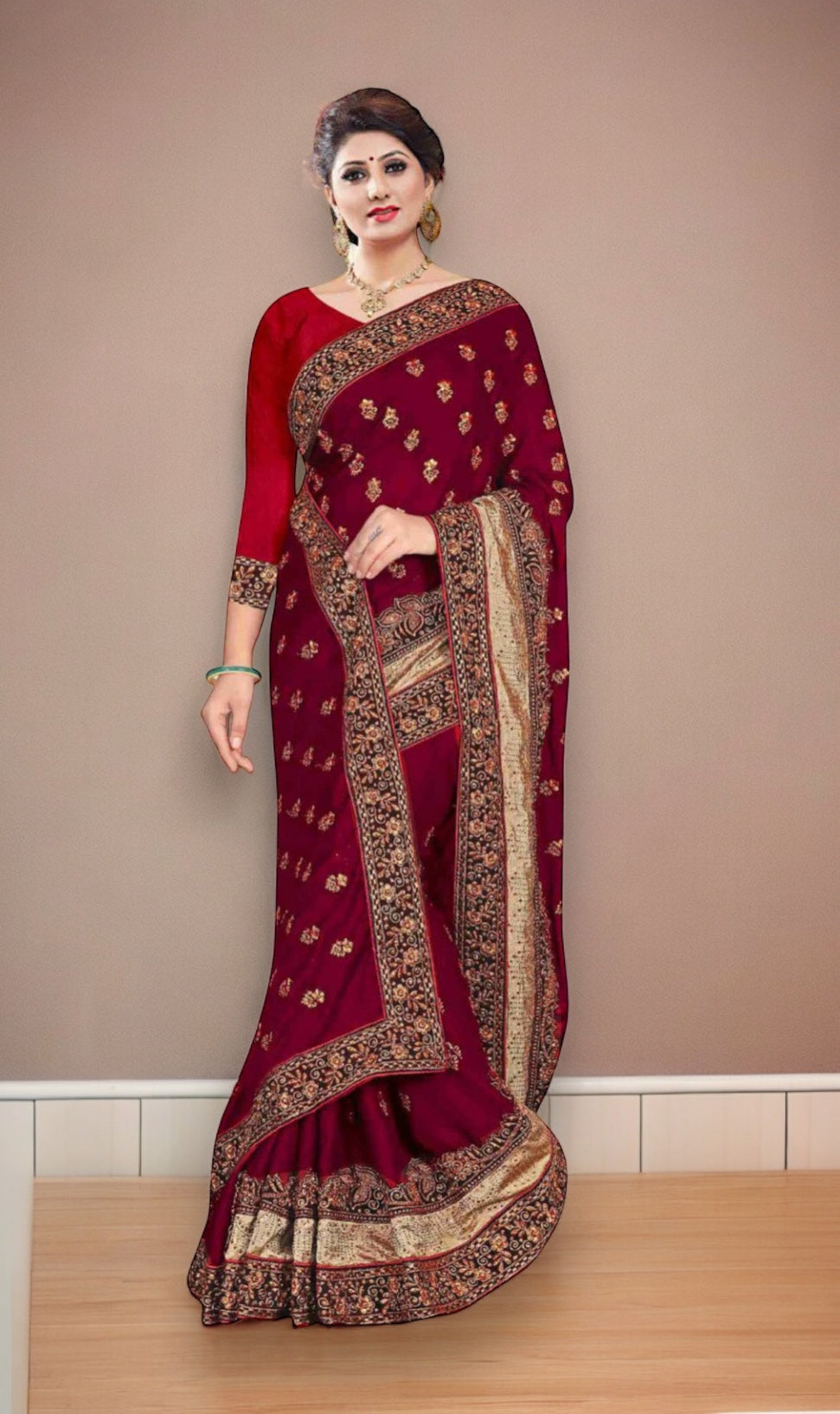 Traditional designer party saree by Saree Ghor Charlotte featuring intricate ethnic patterns and vibrant colors for women.