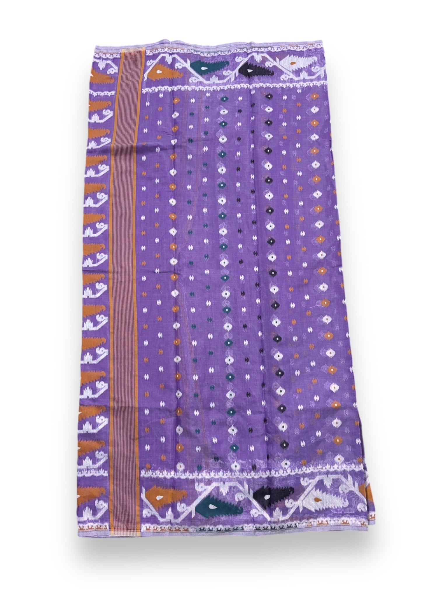 Traditional Dhakai Jamdani saree by Saree Ghor Charlotte featuring intricate woven patterns, perfect for cultural and ethnic wear for women.