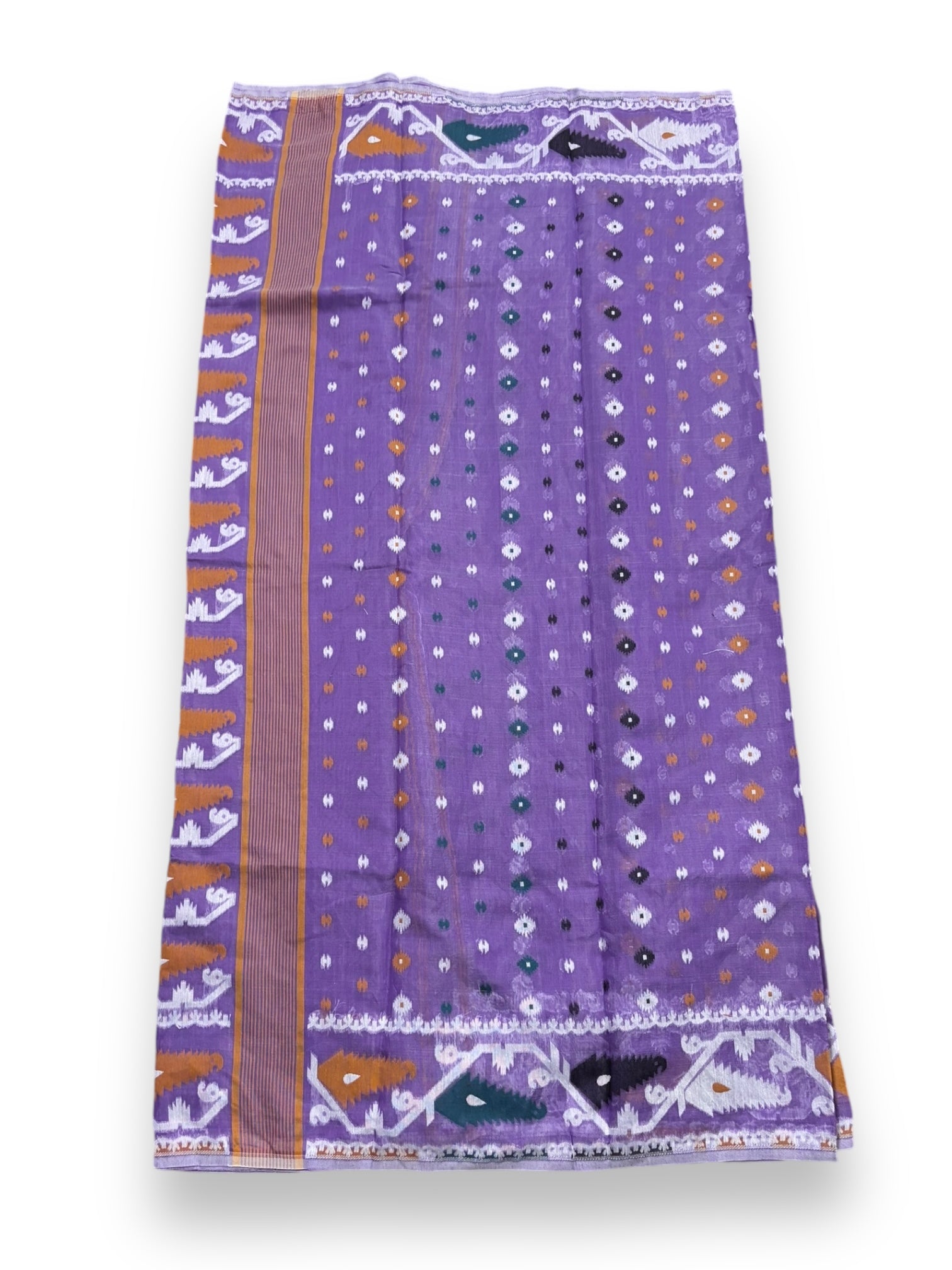 Traditional Dhakai Jamdani saree by Saree Ghor Charlotte featuring intricate handwoven patterns for elegant cultural wear.