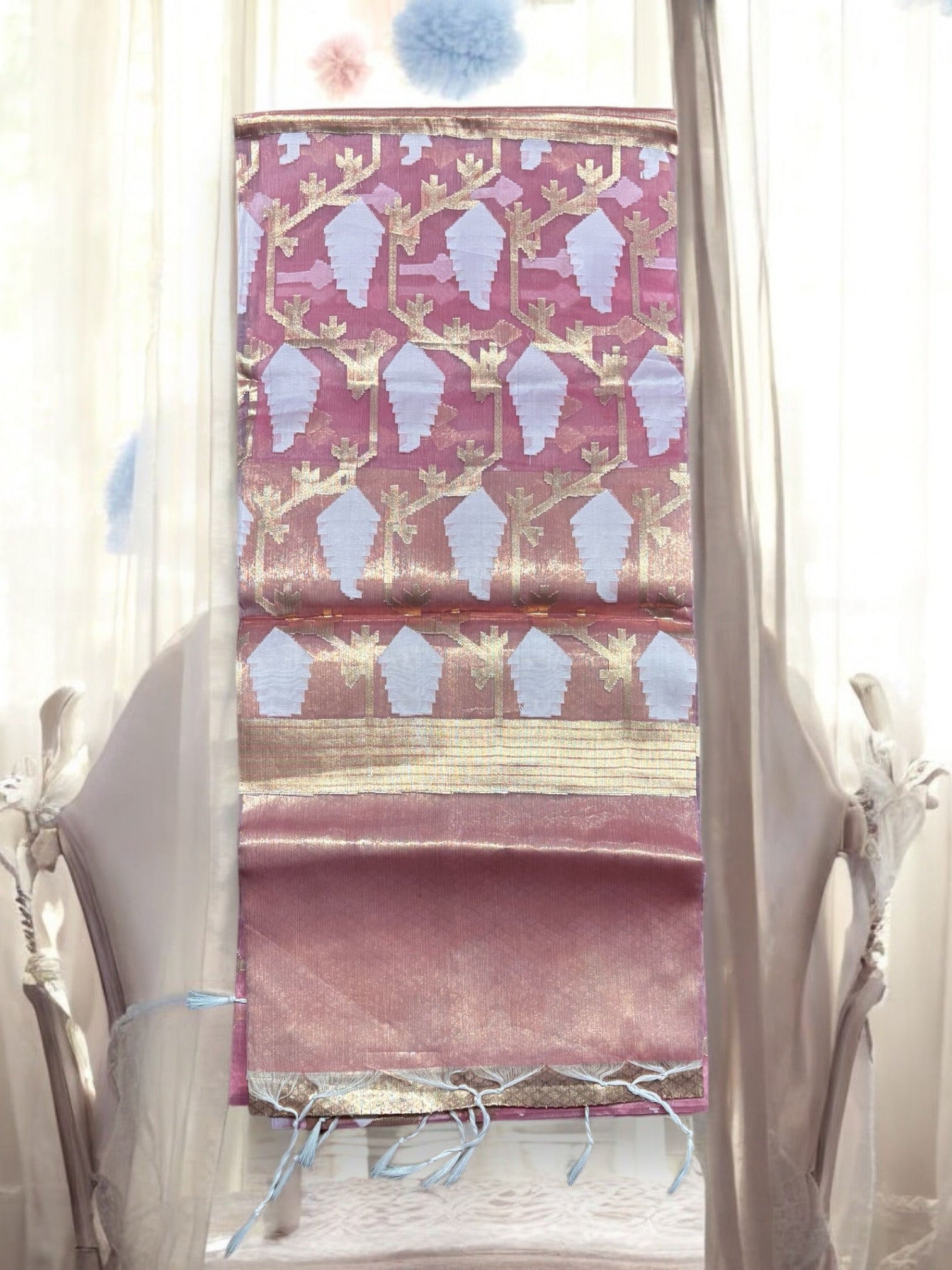Traditional Organza Masline Jari Jamdani Saree , Indian Cultural Wear for Women, 03 - Saree Ghor Charlotte