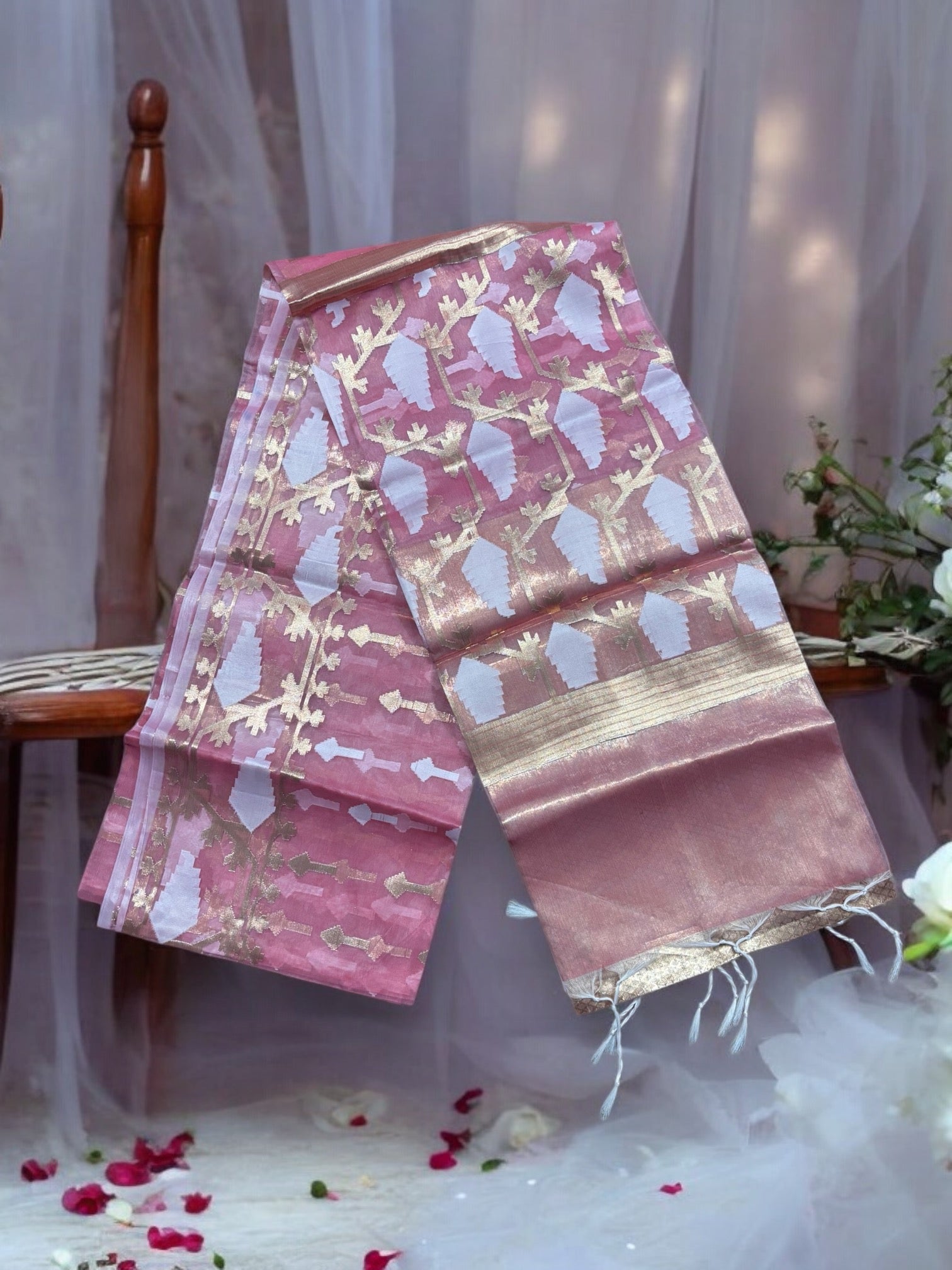 Traditional Organza Masline Jari Jamdani Saree , Indian Cultural Wear for Women, 03 - Saree Ghor Charlotte