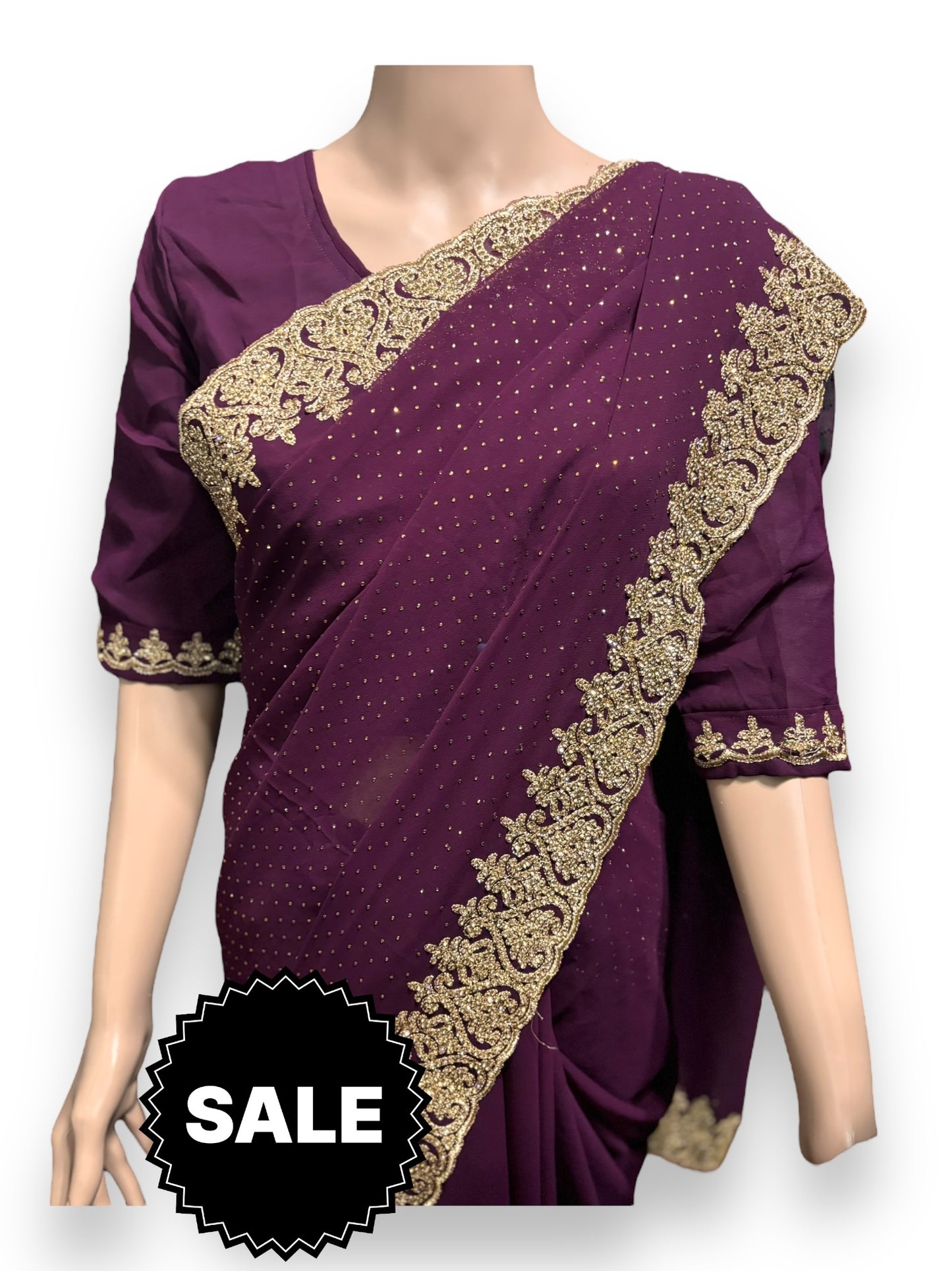 Traditional Purple Party Wear Stonework Saree with Ready Blouse - 023 - Saree Ghor Charlotte