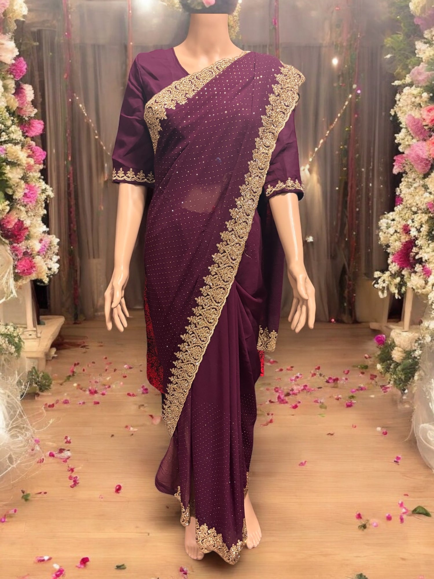 Traditional Purple Party Wear Stonework Saree with Ready Blouse - 023 - Saree Ghor Charlotte