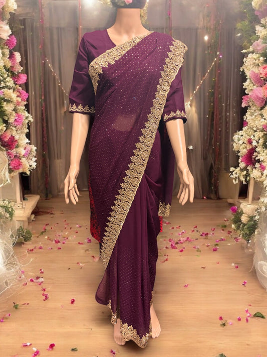 Traditional Purple Party Wear Stonework Saree with Ready Blouse - 023 - Saree Ghor Charlotte