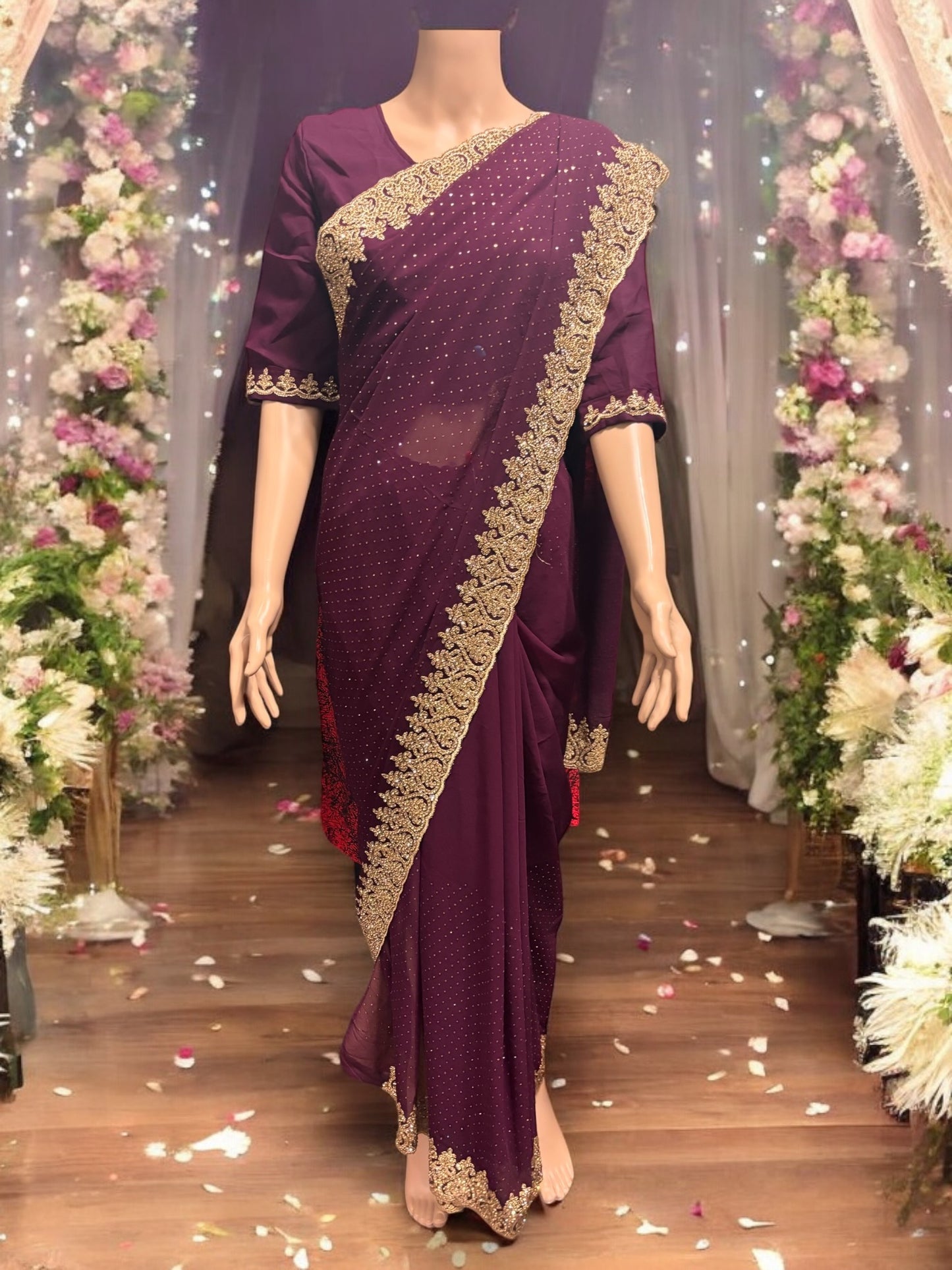 Traditional Purple Party Wear Stonework Saree with Ready Blouse - 023 - Saree Ghor Charlotte