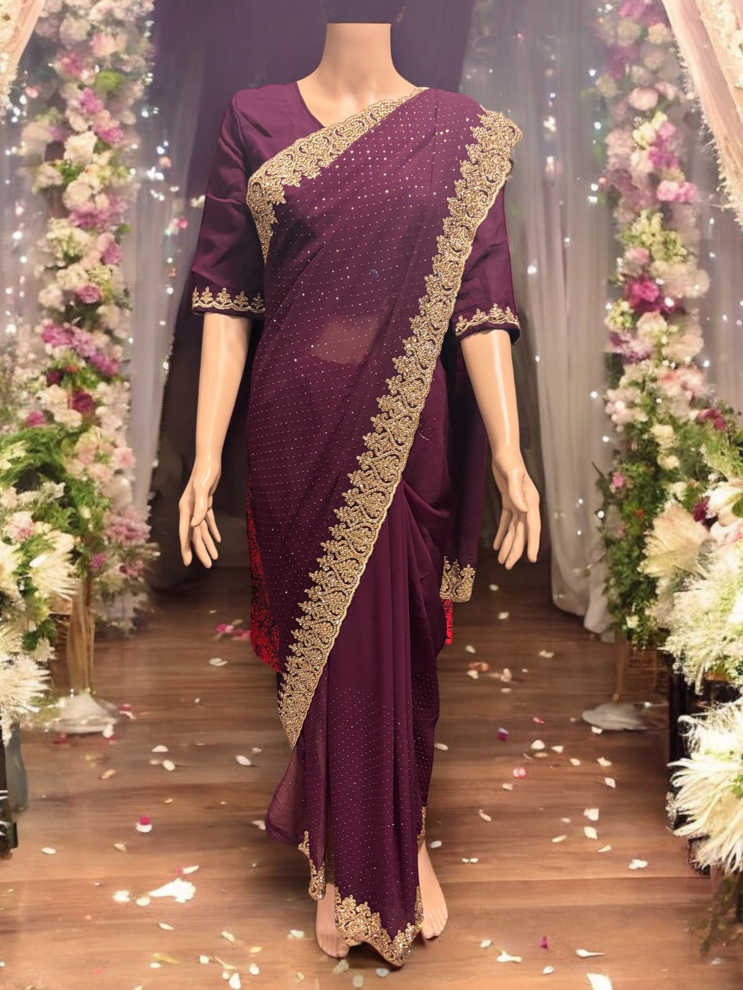 Traditional Purple Party Wear Stonework Saree with Ready Blouse - 023 - Saree Ghor Charlotte