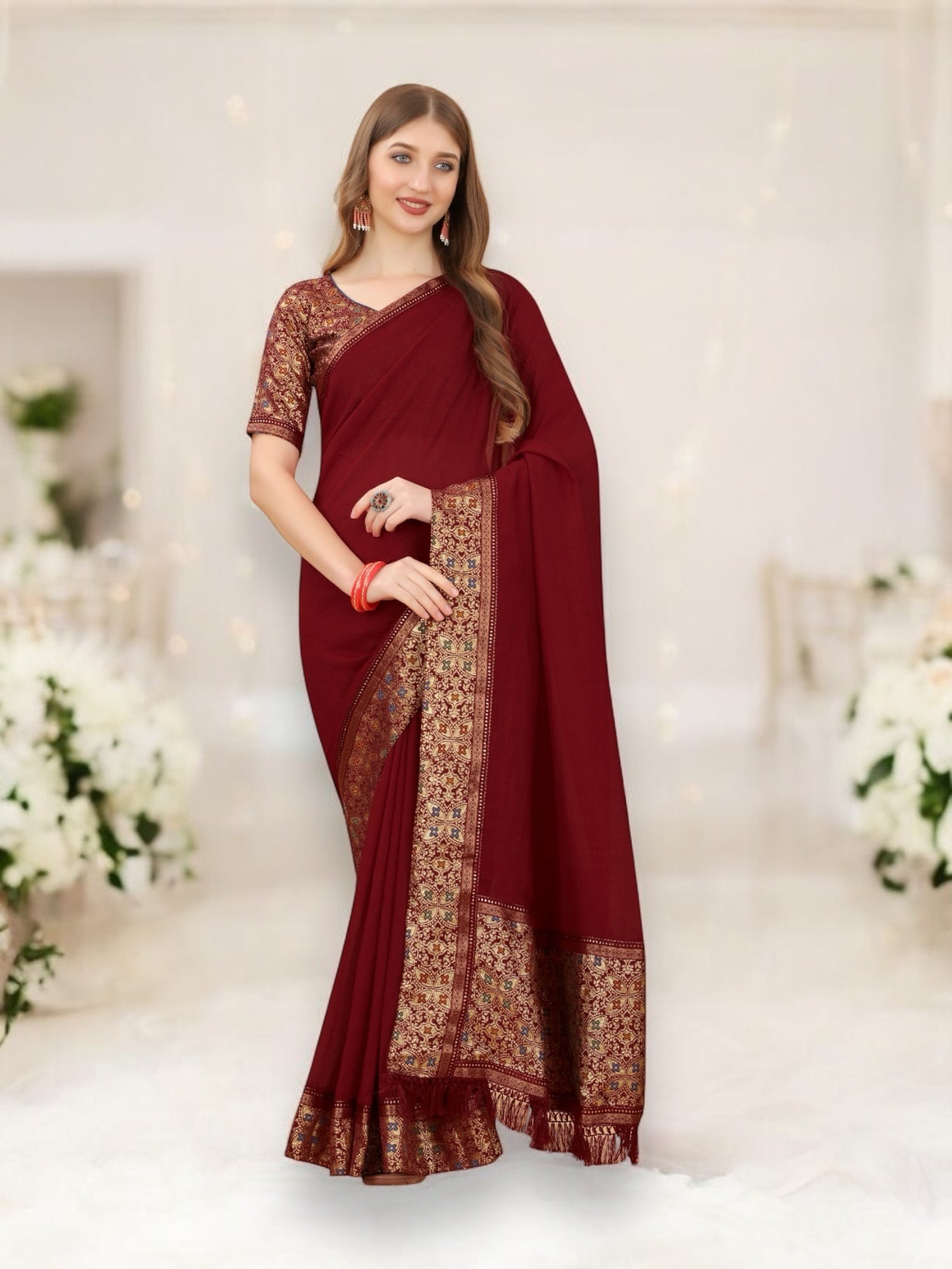 Vichitra Silk Embroidery Saree, Elegant Cultural Wear for Women, 01 - Saree Ghor Charlotte