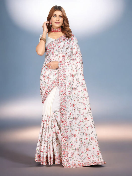 White Tussar silk Traditional Designer Saree with Ready Blouse– Ethnic Wear for Women- 207 - Saree Ghor Charlotte