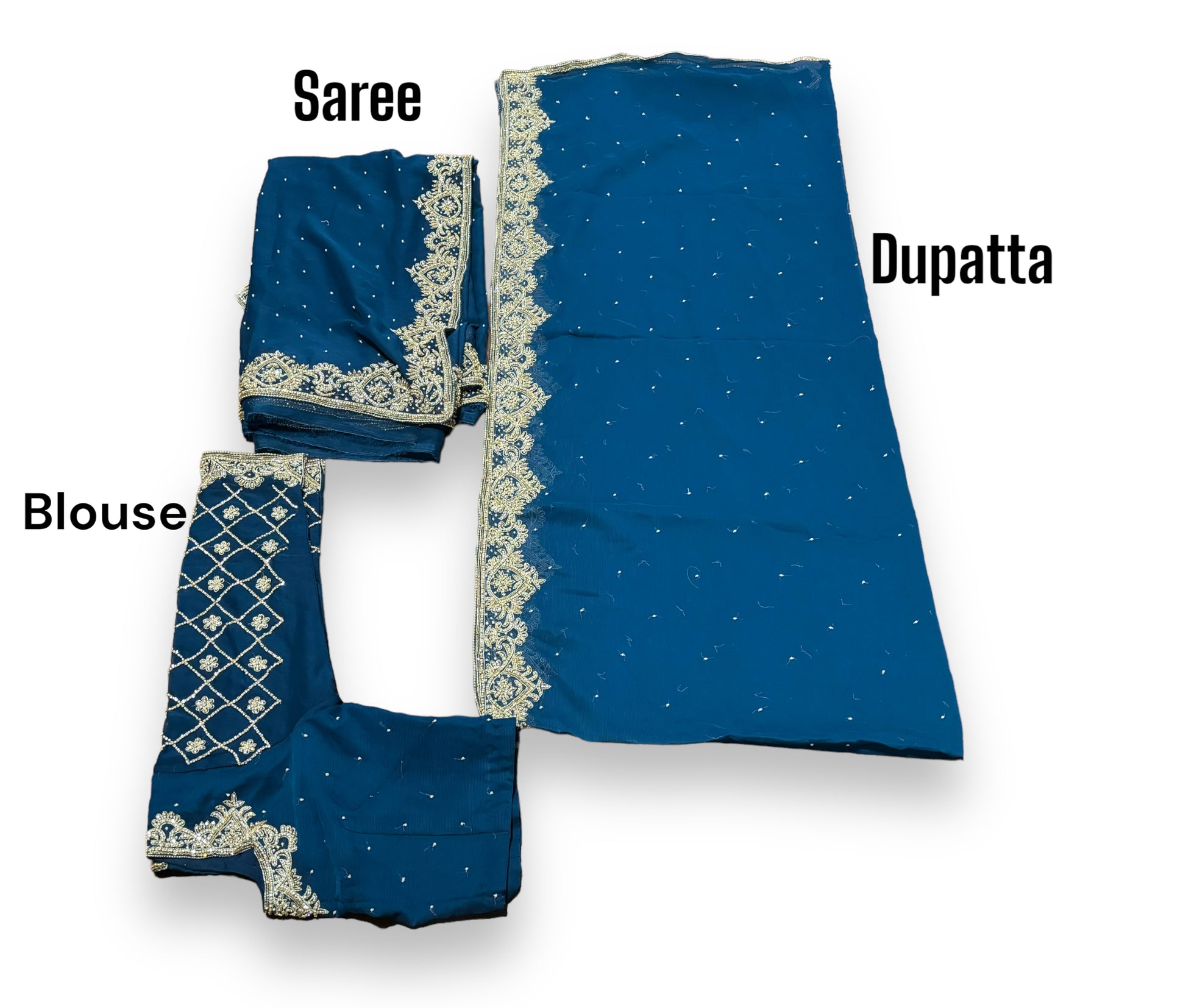 Elegant designer handwork saree with matching dupatta from Saree Ghor Charlotte, featuring intricate embroidery and a 40-size blouse.