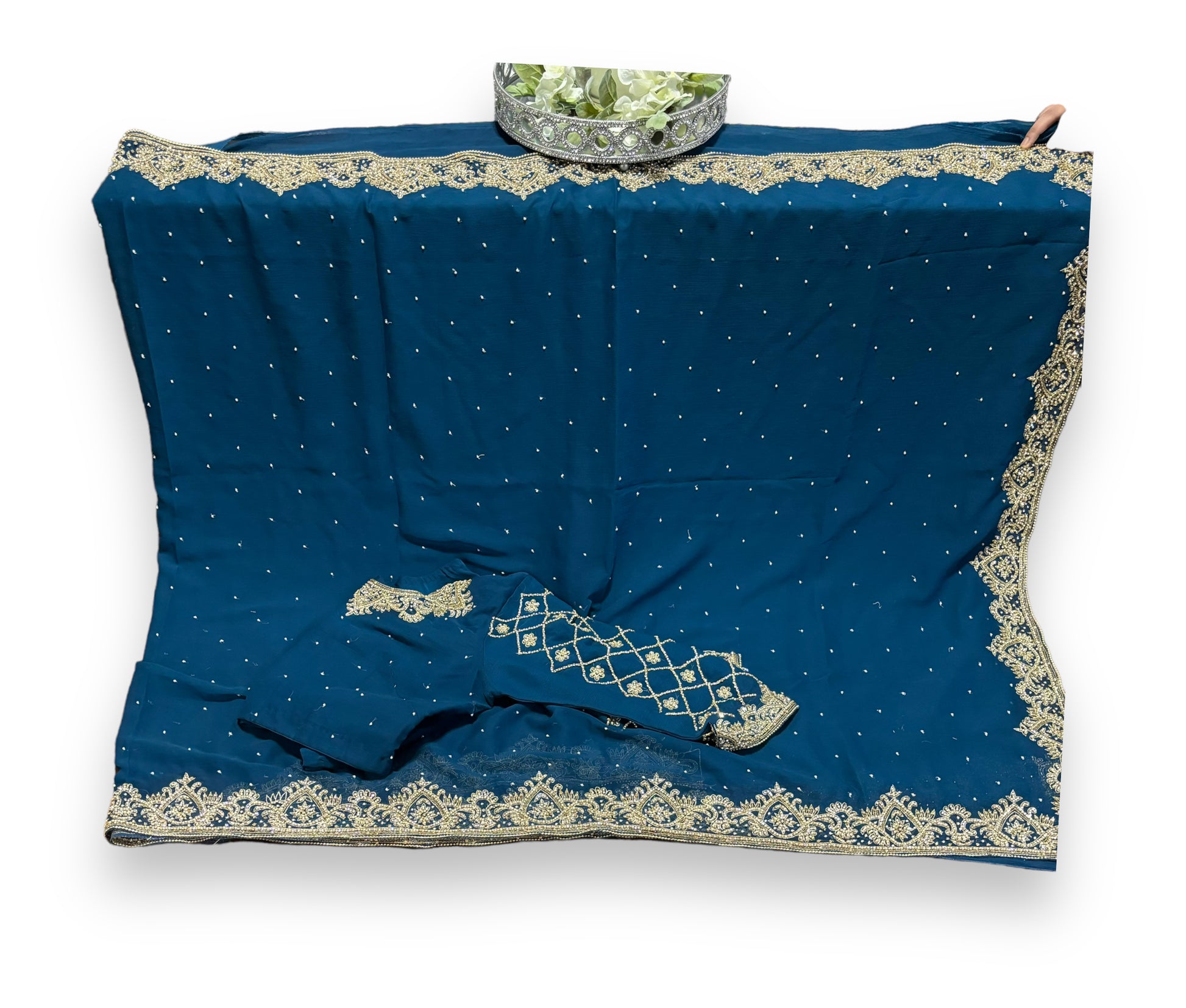 Designer handwork saree with dupatta by Saree Ghor Charlotte, featuring intricate embroidery and matching blouse for women.