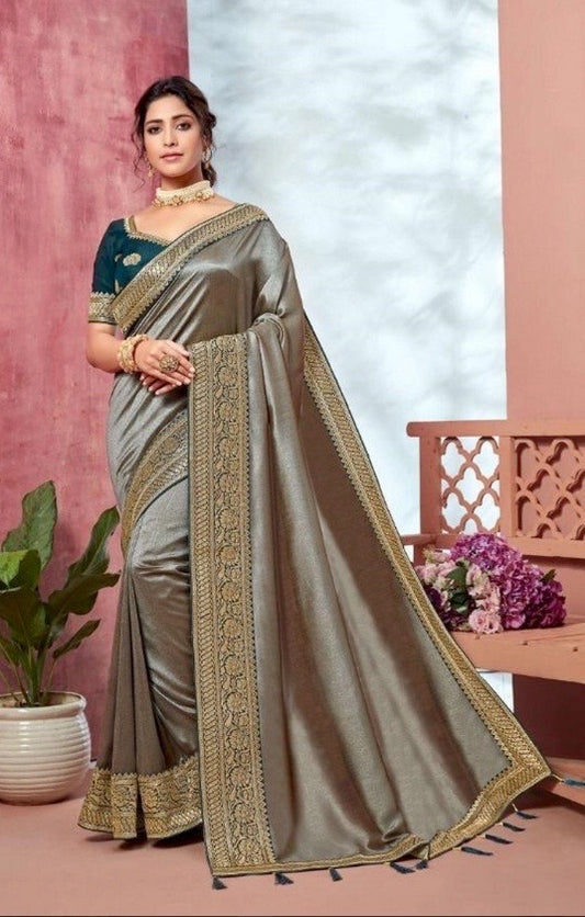 Beige Colour Latest Fancy Designer Wedding Wear Vichitra Silk Heavy Embroidery Work Border Saree - with ready blouse