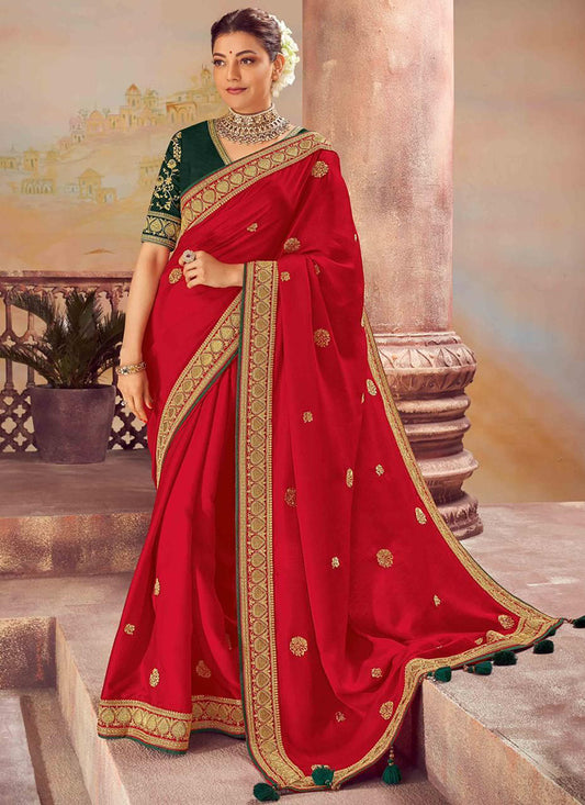 Red - Vichitra Silk - Traditional Wear Embroidery Work Saree