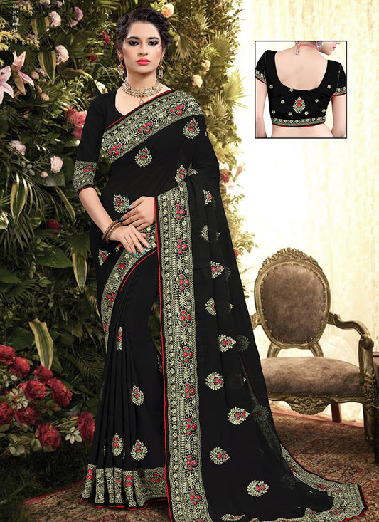 Black Festival Wear Resham Work Georgette Saree