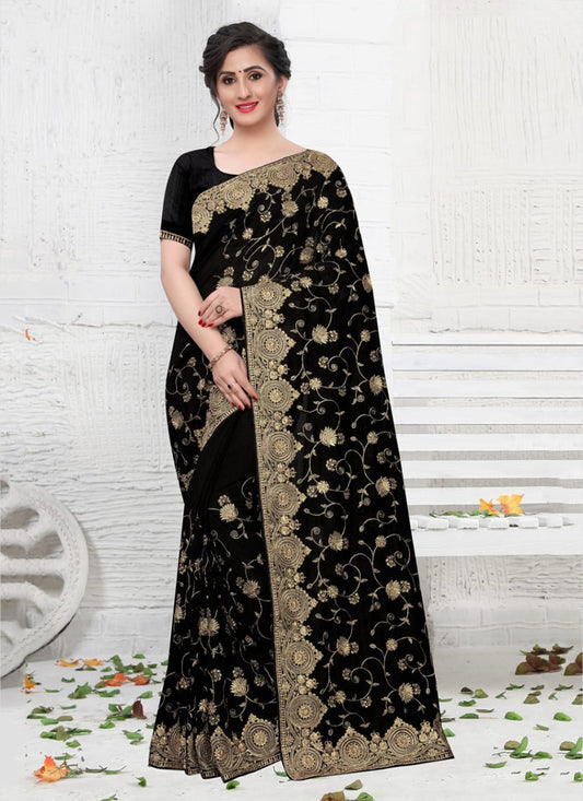 Modern Royalty: Black Vichitra Silk Wedding Wear Saree Set with Stitched Blouse