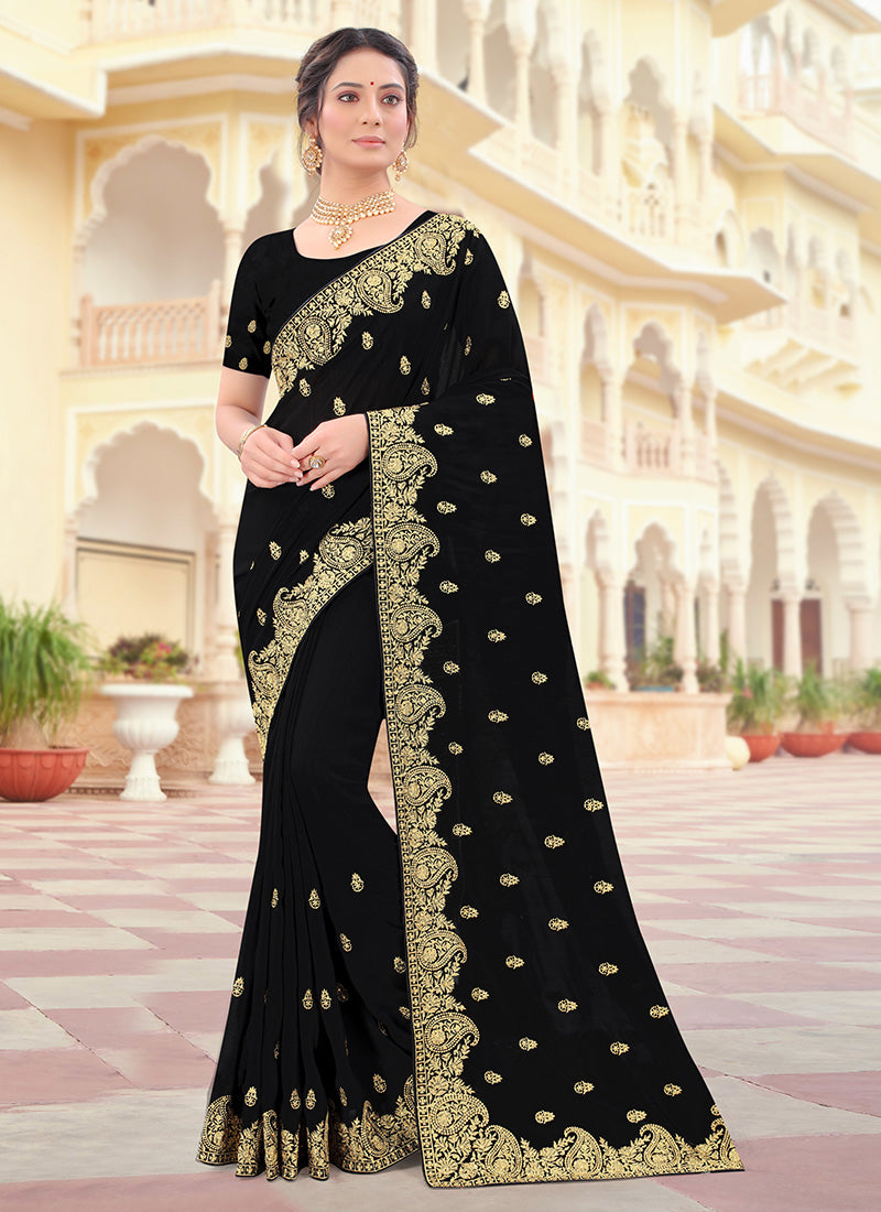 Black - Vichitra Silk Wedding Wear Zari Work Saree