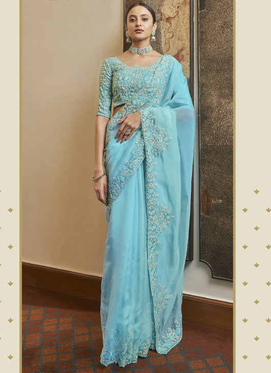 Blue - Organza Party Wear Sequins Work Saree