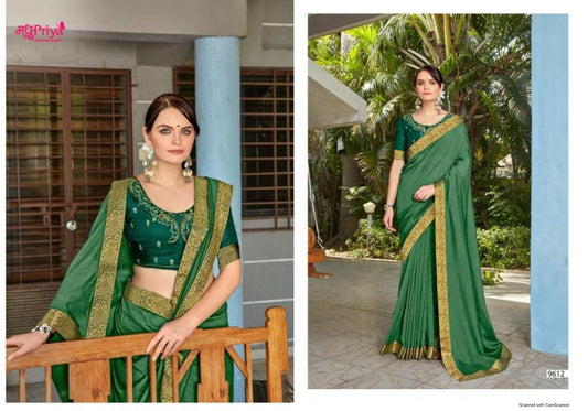 Clearance - Green Vichitra Silk Casual Wear Lace Work Saree