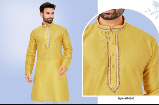 Yellow Luxurious Silk Kurta Pajama for Men - 6349