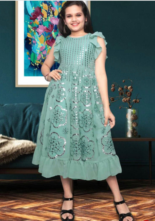 Sea Breeze Delight: Stylish Party Wear Sea Green Georgette Frock with Embroidery and Mirror Work