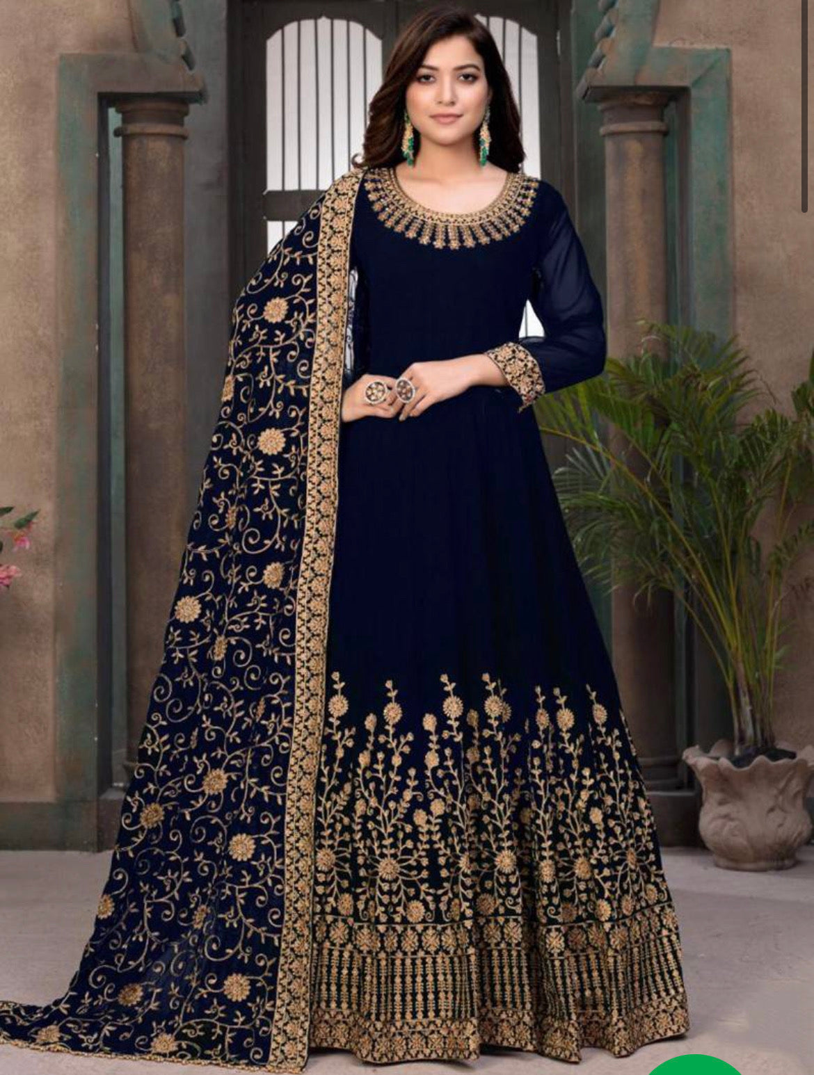 Glamorous Navy Blue Faux Georgette Gown with Opulent Heavy Embroidery Work