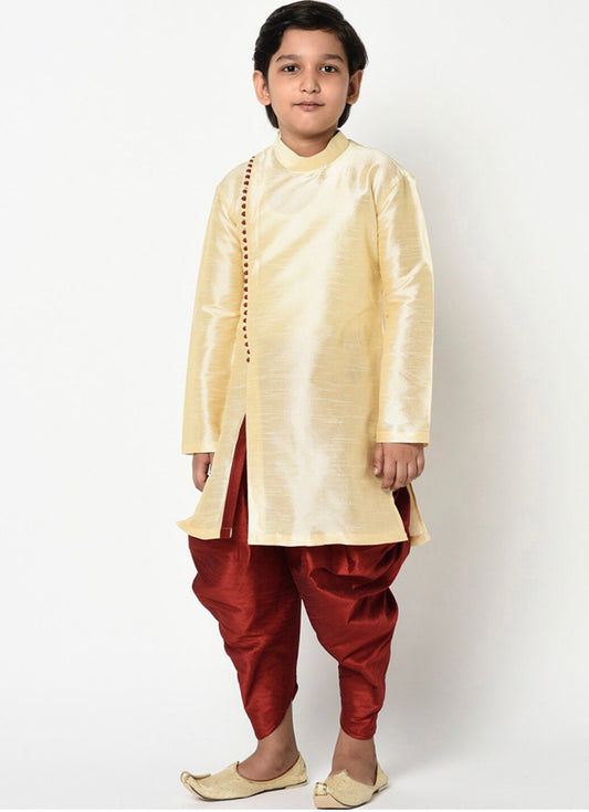 Cream - Exquisite Dupion Silk Party Wear Weaving Kids Kurta Pajama