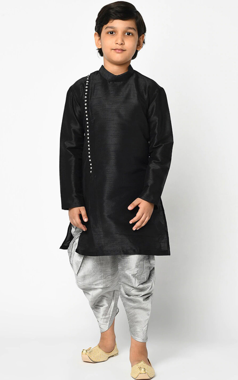 Black - Exquisite Dupion Silk Party Wear Weaving Kids Kurta Pajama