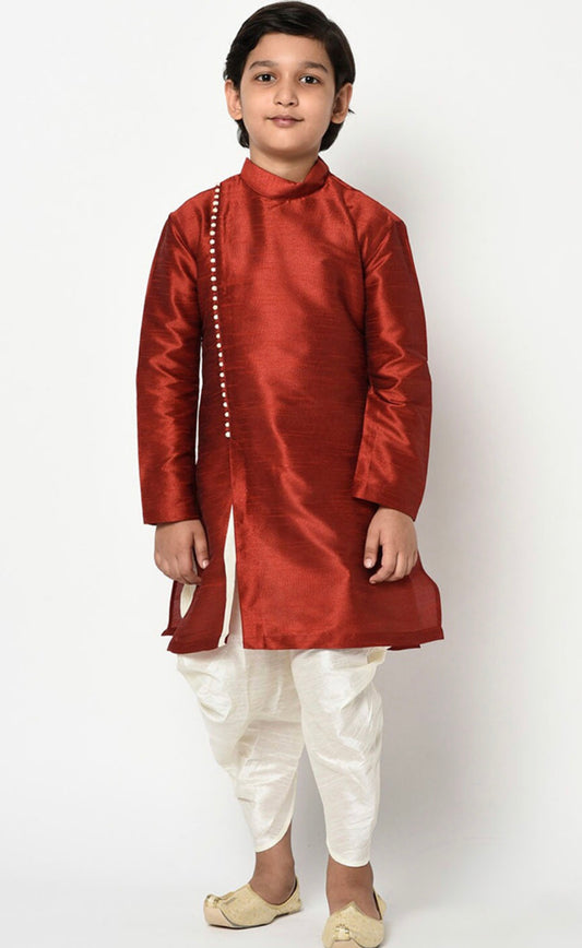 Maroon - Exquisite Dupion Silk Party Wear Weaving Kids Kurta Pajama