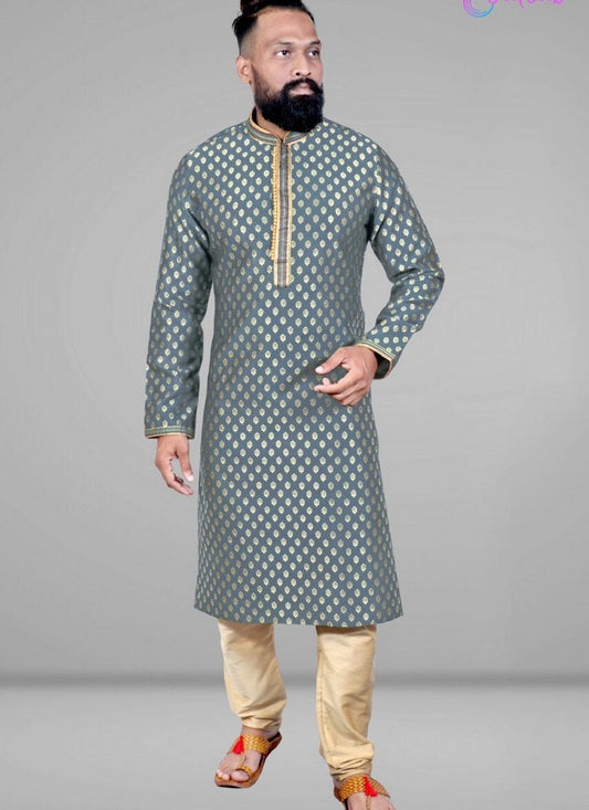 Gray Designer Party Wear Traditional Jacquard Silk Kurta Pajama