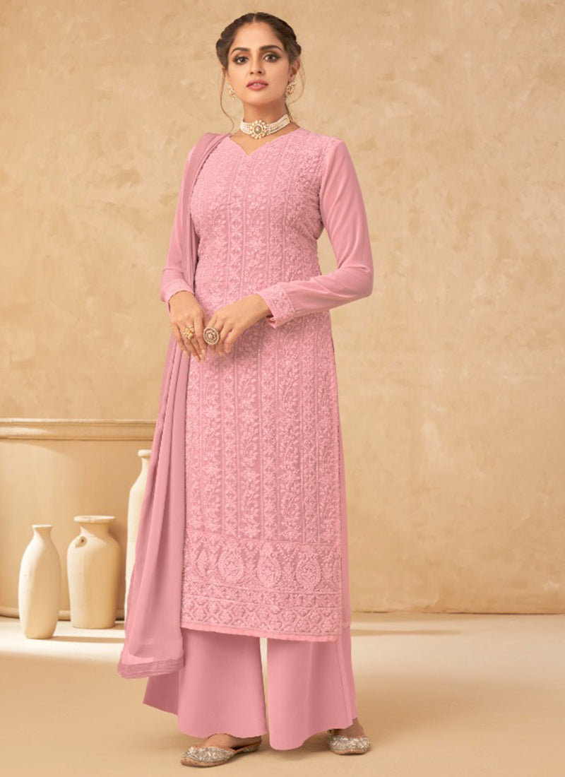 Light Pink Lucknowi Embroidered Rayon Naira Cut Suit