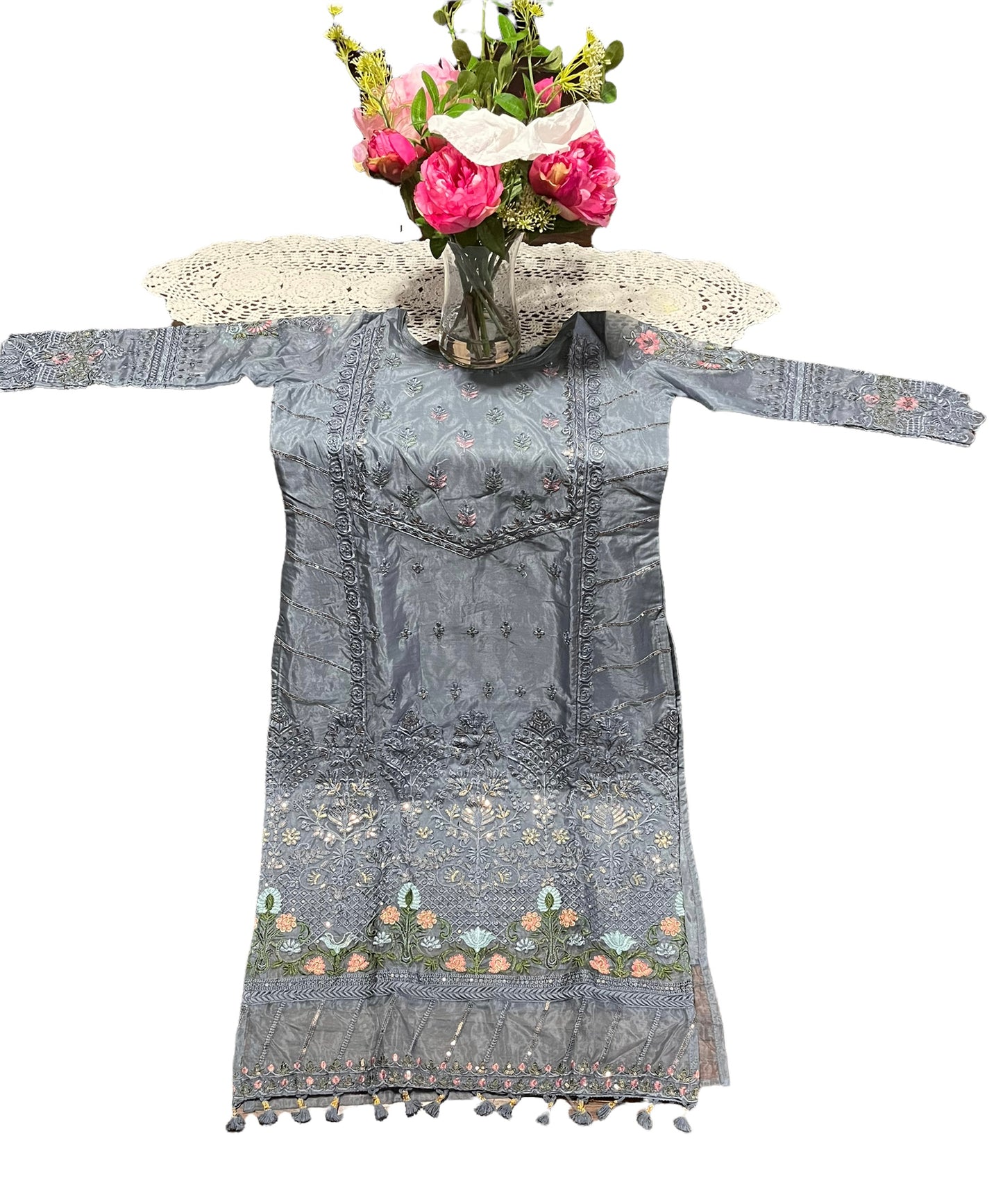 Gray Fancy Designer Organza Salwar Suit with Exquisite Embroidery