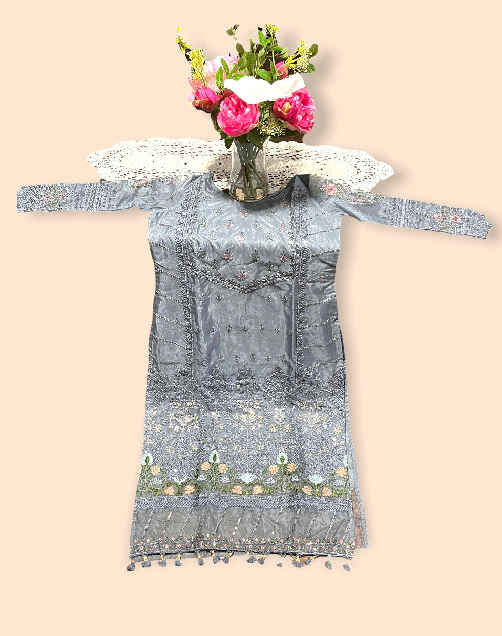 Gray Fancy Designer Organza Salwar Suit with Exquisite Embroidery