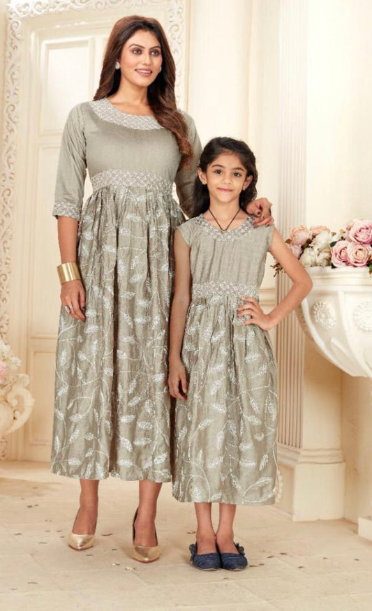 Ethereal Elegance: Girls' Traditional Gown with Embroidered Details- F