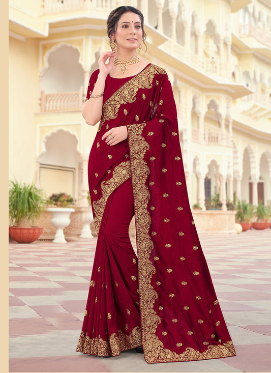 Maroon Vichitra Silk Wedding Wear Zari Work Saree