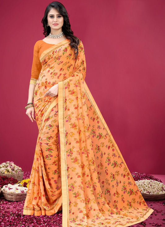 Style on Sale: Orange Georgette Regular Wear Printed Work Saree