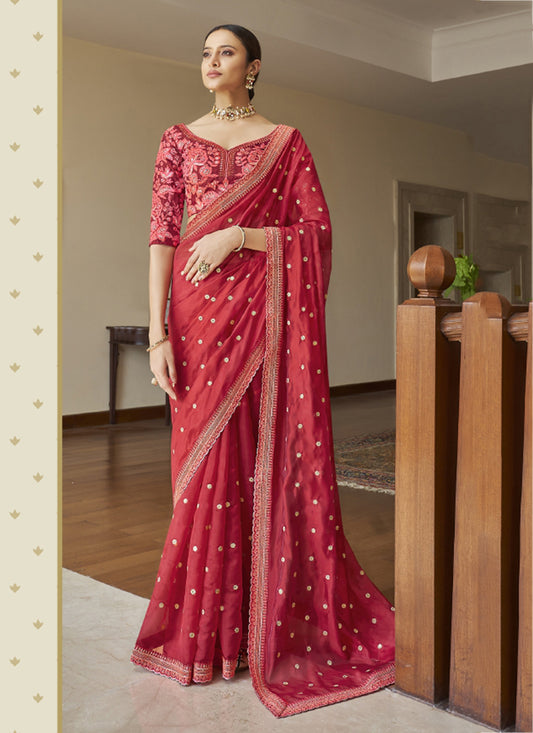 Pink - Organza Party Wear Sequins Work Saree