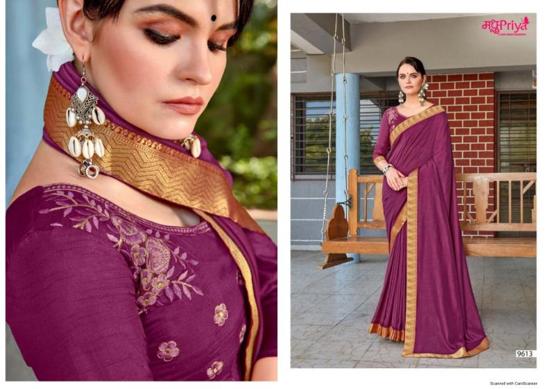Clearance - Purple Vichitra Silk Casual Wear Lace Work Saree