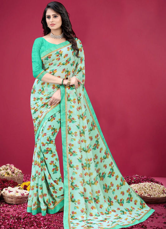 Clearance - Turquoise Blue Georgette Regular Wear Printed Work Saree