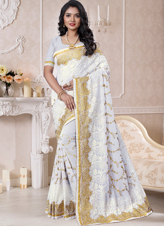 White Georgette Traditional Wear Resham Work Saree