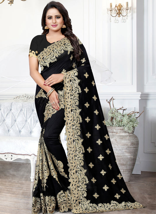 Black Silk Reception Wear Embroidery Work Saree