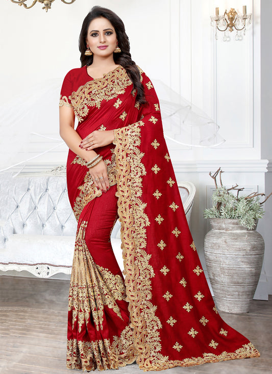Red Silk Heavy Embroidery Work Saree for a Luxurious Look
