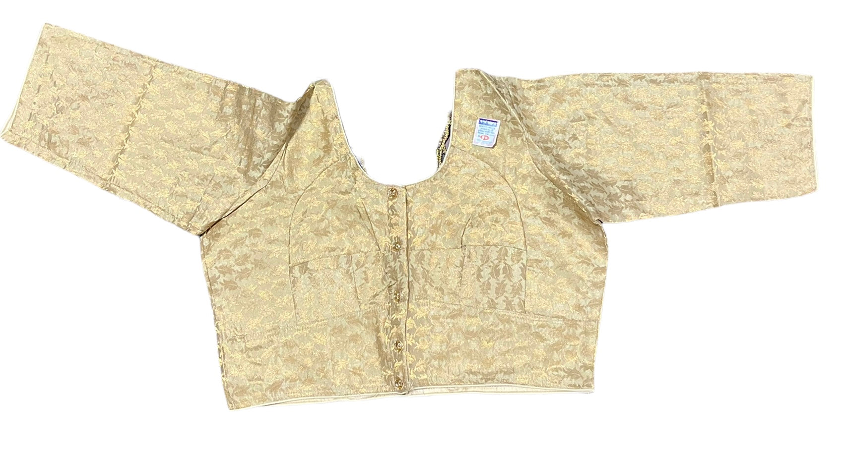 Golden traditional ready-made blouse for saree by Saree Ghor Charlotte, showcasing intricate ethnic embroidery and stylish fit.