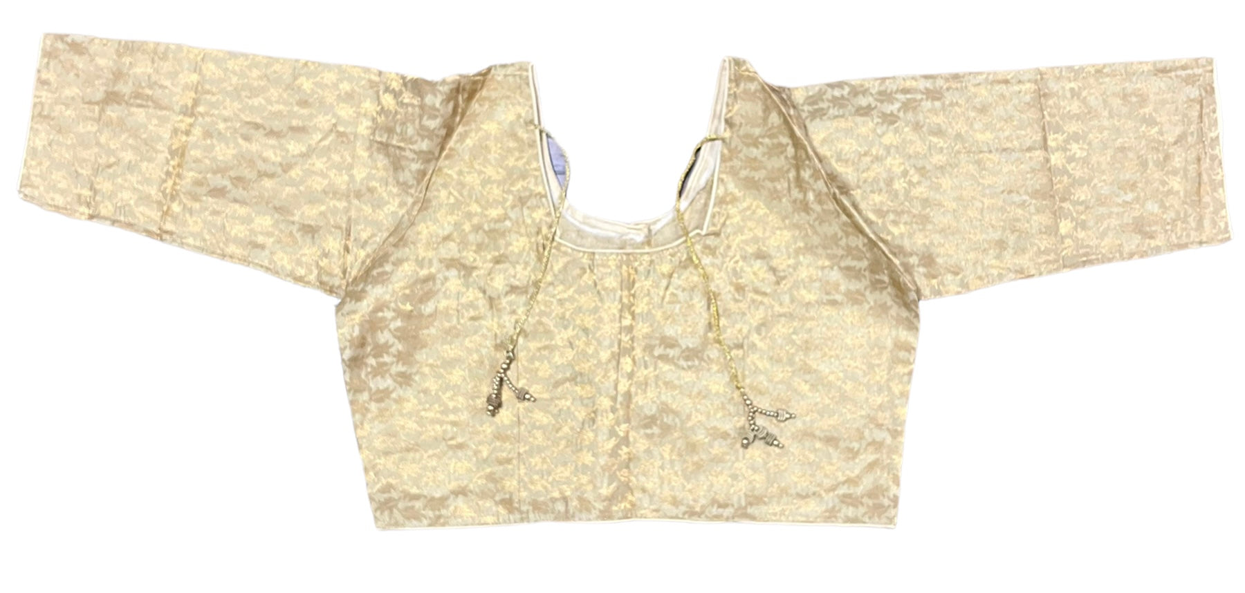 Golden traditional ready-made blouse for saree by Saree Ghor Charlotte, showcasing intricate ethnic design and elegant fit for women.
