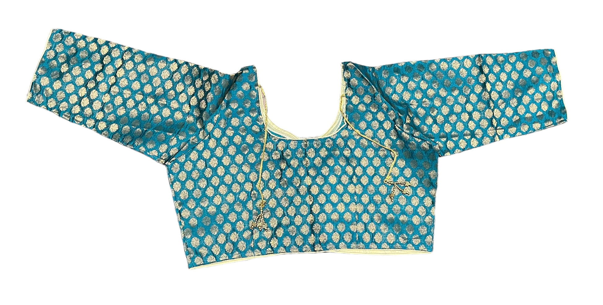 Green traditional ready-made blouse for saree by Saree Ghor Charlotte, showcasing intricate ethnic design and fabric details.