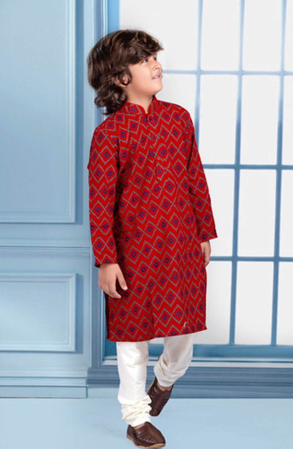 Cotton traditional boys' kurta pajama set by Saree Ghor Charlotte, featuring a blue Kurta and matching pajama for ages 1-2 years.