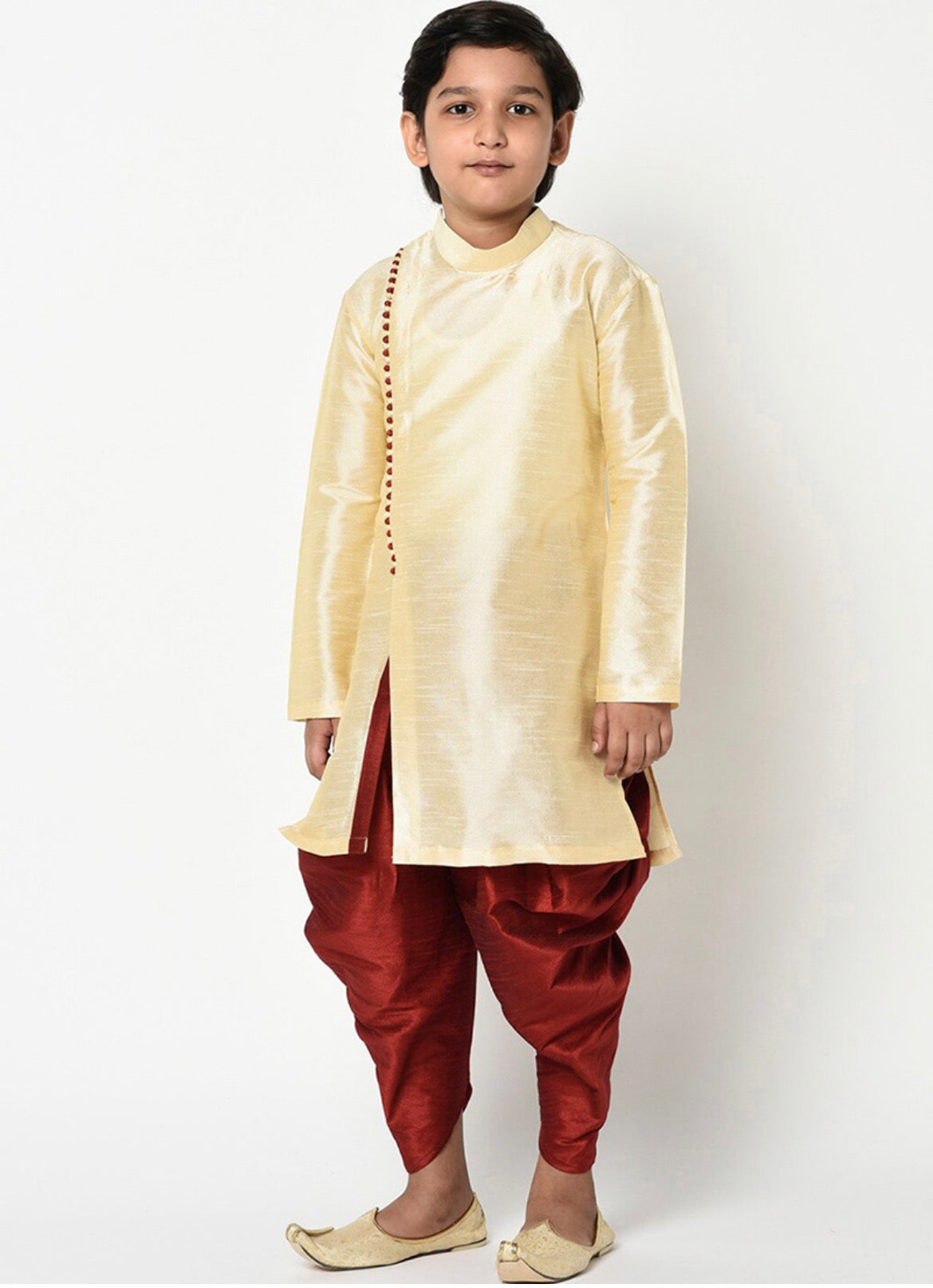 Cream, Dupion Silk Traditional Kurta Pajama Set for Boys, Cultural Wear - Saree Ghor Charlotte